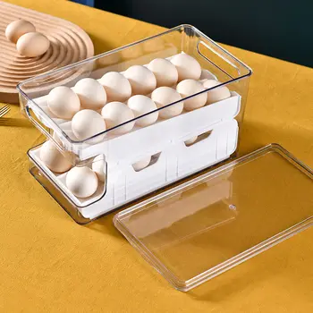 Dvojvrstvové Automatické List Vajcia Úložný Box Priehľadný Plastový Držiak Na Vajcia Vajcia Kontajner Dávkovač Chladnička Organizátor