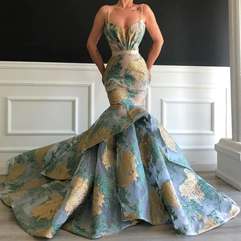Dlhý Elegantný Arabské Ženy Večerné Šaty 2022 Sexy Morská Panna Špagety Popruh Kvetinový Tlač Dubaj Formálne Večerné Šaty