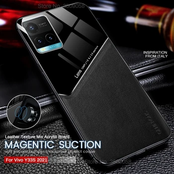 Auto Magnetický Držiak Kožené Textúra Telefón puzdro Pre Vivo Y33s Y 33s 33 s 2021 4G V2109 6.58