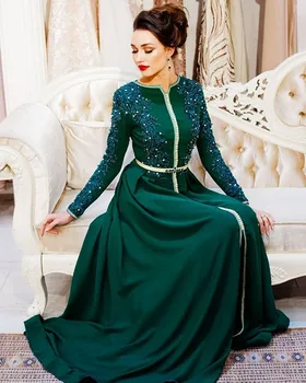Zelená Marocký Kaftan Korálkové Večerné Šaty Luxusné Saténové Dlhé Rukávy O-Krku Prom Šaty 2020