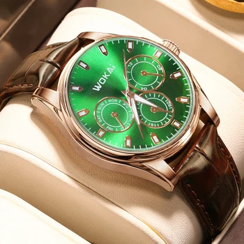 WOKAI kvalitné Módne pánske Business Popruh Quartz hodinky pánske Tri očí Zelená Športové Nepremokavé svetelný retro hodiny 0