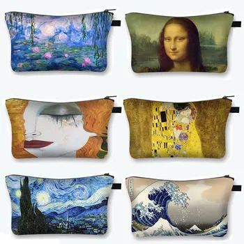 Hviezdna Noc / Bozk / Waterlily Maľovanie Kozmetická Taška Van Gogh / Gustav Klimt / Monet Ženy Make-Up Taška Dámy Kozmetické Prípade