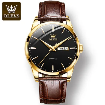 OLEVS 6898 Business pravej Kože Popruh Mužov Náramkové hodinky Vodotesné Quartz Dual Kalendár veľmi Kvalitné Hodinky pre Mužov Kalendár