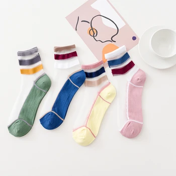 4 Páry Nové Letné Transparentné Candy Crystal Žena Ponožky Japonský Roztomilý Pruhované Farby Zodpovedajúce Krátke Ponožky Patchwork Ponožky
