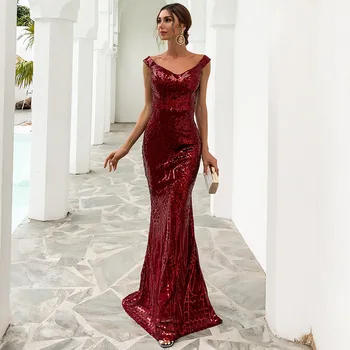 Luxusný Off-Ramenný Bez Ramienok Dlho Ženy Party Šaty Sequined Sexy Sweep Vlak Elegantné Dlhé Prom Šaty, Večerné Šaty