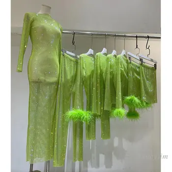 Nové Módne Luxusné Vŕtať Drahokamu Pierko Dlhý Rukáv Šaty pre Ženy Sexy Celý Zelený Diamant Šaty nočný klub Strany Nosenie
