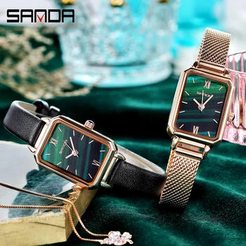 SANDA Módne Luxusné Ženy Quartz Hodinky Rose Gold Kožené Oka Popruh Hodiny Waterproor Dámske náramkové hodinky Montre Femme 0