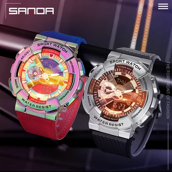 [Pár Sledovať] SANDA 2022 Móde Hot Predaj Multifunkčné Elektronické Duálne Zobrazovanie Dial Náramkové hodinky Vodotesné Digitálne Hodiny Darček 0
