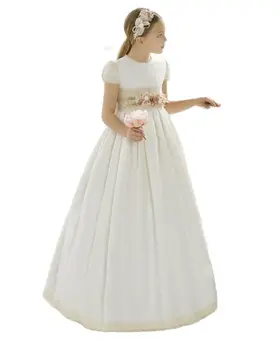 2021 Najnovšie sprievod šaty prvé sväté prijímanie šaty pre dievčatá Biela Saténová Čipka Ríše Kvet Dievča pre svadby dievčatá