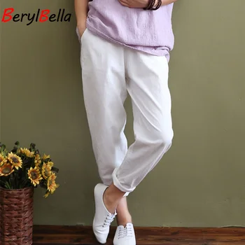 BerylBella Originálny Dizajn Ženy Nohavice Letné Biele Bavlna Bežné Nohavice Elastický Pás Voľné Nohavice Žena