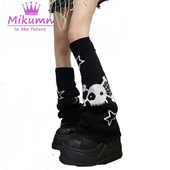 Mikumn Harajuku Y2k Star Skull Čierne Biele Pletené Dve bočné Opotrebenie Leg Warmers Ponožky Punk Dievčatá Elegantné Streetwear Nohu Kryt