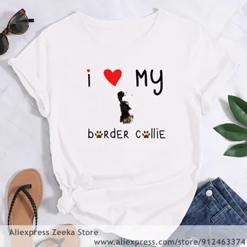 Milujem svoju Border Kólia Psa Harajuku Ženy Zábavné Vytlačiť T-shirt Dámy Dievča Y2K Harajuku Základe O-golier Biele Tričko Krátky