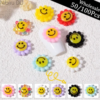 Veľkoobchod 50/100ks Nail Art Živice Sun Flower Smajlík 11x11mm Nail Art, Kamienky DIY 3D Nail Kawaii Doplnky, Dekorácie