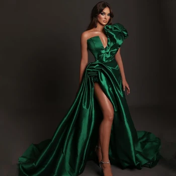 Zelená Sexy Elegantné Saténové Šaty Ples Jedného Pleca Ručné Kvet Vysoká Rozdeliť Ženy Dlho Formálne Večerné Party Šaty Na Zákazku