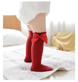 LZH 2021 Jeseň Zima Deti Ponožky Pre Dievčatá Veľký Luk Kolená Dlhé Mäkké Bavlnené Čipky Batoľatá Baby Trubice Vianočné Červená Ponožka Calcetines