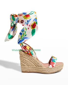 Lady Satin Espadrily krajky-up klin sandále na platforme dizajn otvorené prst vysoké podpätky party šaty elegantné sandále obuv veľkosť 46