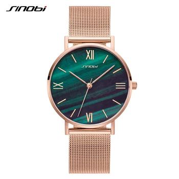 SINOBI Rose gold Luxusné Quartz Hodinky Ženy Ultra-tenký Zelený Mramor & Crystal Dial Hodiny, náramkové hodinky Reloj Mujer Dropshipping