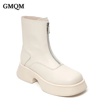 GMQM Žien Originálne Kožené Členkové Topánky Nové Jeseň Platformu Chelsea Móda, Topánky Predný Zips Britský Štýl Ženy Krátke Topánky
