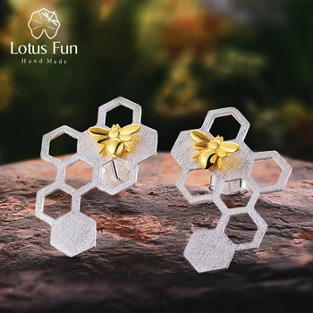Lotus Zábava Reálne 925 Sterling Silver Náušnice Prírodné Jemné Šperky Honeycomb Domácej Stráž 18K Zlata Bee Drop Náušnice pre Ženy Darček