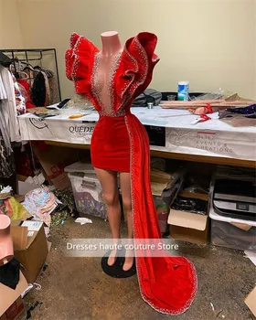 Reálny Obraz Red Velvet Krátke Morská Víla Šaty Ples 2023 Korálkové Prehrabať Rukávy Afriky Black Girl Party Šaty Šaty De Soirée