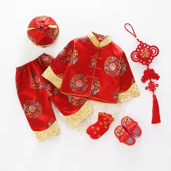 Čínsky Nový Rok Červená Slávnostné Deti Tang Vyhovovali Hanfu Tradičné Výšivky Novorodenca Chlapec Dievča Oblečenie Set 0-2Y Darček k Narodeninám