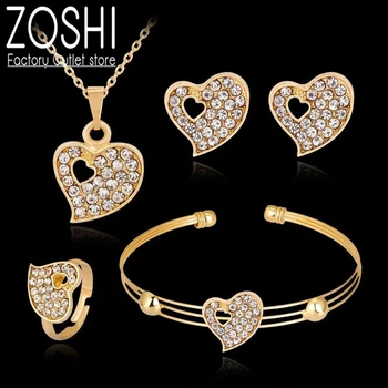 Móda Dubaj Zlatá Farba Šperky Set Krištáľové Srdce Náhrdelník Prsteň Náramok Náušnice Nastaviť Svadobný Dar Africkej Nigérii Šperky Ženy