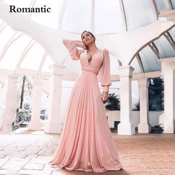 Romantické, Elegantné Večerné Šaty Vestidos De Fiesta Ružová Šifón Odnímateľné Rukávy Dlhé Prom Šaty V Krku Dĺžka Podlahy Pre Strán