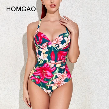 HOMGAO Kvetinový Tlač dámske jednodielne Plavky sú Sexy Bruško Kontroly plavky Chudnutie Kombinézu V Krku Plavky celé plavky
