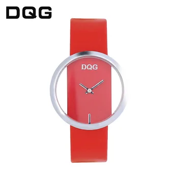 Móda Slávny DQG Značky Hodinky Pre Ženy, kórejský Červené Kožené Transparentné Duté Von Jednoduché Dámy Quartz Hodinky Reloj Mujer Darček