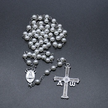 QIGO Veľký Kríž White Pearl Ruženec Náhrdelník Pre Mužov, Ženy Náboženské Modlite sa, Šperky 0