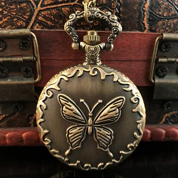 Bronz Motýľ Plastický Vreckové Hodinky Náhrdelník Pre Ženy Starožitné Vintage Náhrdelník S Reťazca Quartz Vrecku&Fob Hodinky
