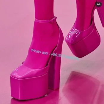 2022 Módne Luxusu Fuchsie Štvorcové Prst Sandále Sexy Ženy Patria Ružové Bloku Vysokým Podpätkom Sandále Dámske Pracky Platforma Topánky