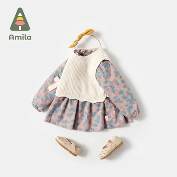 Amila Baby Girl Dress Nastaviť 2022 Jeseň Nové Módne Dlhé Rukávy Dva Kusy Princezná Šaty detské Oblečenie 0