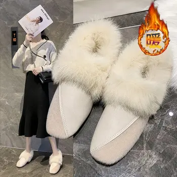 Zimné Patchwork štvorcové prst kožušiny topánky ženy načechraný plyšové bytov pridať cashmere moccasins retro teplé králik kožušiny mokasíny žena 2021