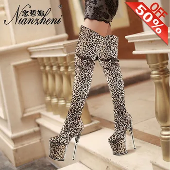 Zimné Leopard Kríž Obliekanie Veľká Veľkosť 12 Kráľovná Kolená Vysoké 8 Palcový Stiletto Podpätky Platformu Módy Sexy Ženy, Topánky 20 CM Striptérka