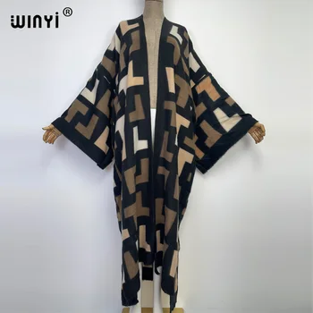 WINYI Kvalitné zimné Ženy elegantný Retro tlač voľné kabát Celý Rukáv Bežné teplej Teplé Ženské Vianočné zvrchníky 0