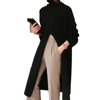 2 farby jesene zimy dlhý sveter ženské šaty s dlhým rukávom voľné pletené dlhé šaty dámske bodycon župan žena (N0054