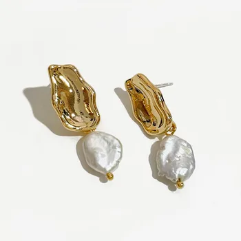 Peri'sbox Veľké Ploché Sladkovodné Perly Drop Náušnice pre Ženy, Zlatá Farba Kov Biely Barokový Pearl Náušnice Šperky Hot Predaj
