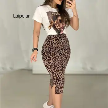 Dve Peice Set Pre Ženy, Príležitostné O-Neck T Shirt& Sukne Nastaviť Módne Leopard Print Office Ženy Nastaviť Eleganciu Chudá Ropa Femenina 0