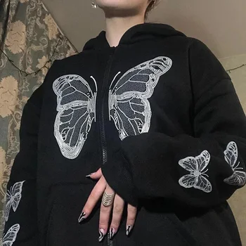 Jeseň Streetwear Y2K Módne Nadrozmerné Motýľ Gotický Grafické tlače Zips Hoodies E-dievča 90. rokov Žena, mikiny Kabát Hoodies 0