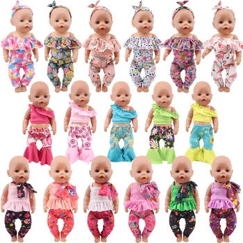 Tlač bez Rukávov Top + Nohavice +(Čelenka) Na 18-palcové American Doll Oblečenie Dievča je Hračka 43 cm Baby Doll Topánky Našej Generácie 0