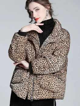 2022 Najnovší Luxusný Zimný Loose Fit Puffer Bunda Ženy Leopard Tlač Krátke Bežné Zips Zahustiť Teplé 90% Biele Kačacie Nadol Kabát 0