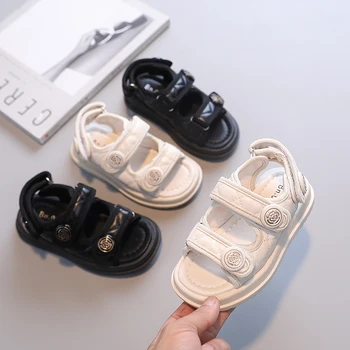 2022 Deti Letné Sandále Šik Dievčatá Bežné Sandále Solid Black Deti Módne Princezná Japonský Štýl Klasické Kvety Pracka