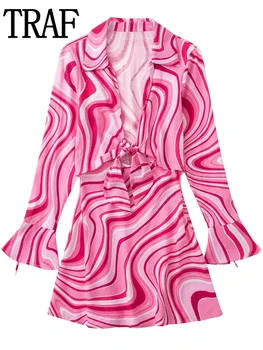TRAF Pink Mini Šaty Žena 2022 Dlhý Rukáv vystrihnuté Šaty Letné Vytlačené Viazané Krátke Šaty Pre Ženy Bežné Bielizeň Šaty 0