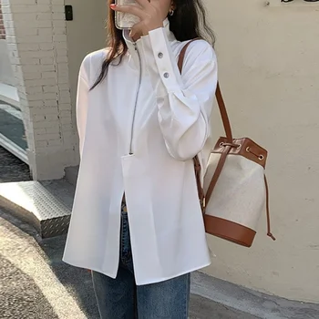 QWEEK Elegantná, Ženská Blúzka Harajuku Office Nosiť Ženy Biele Tričko Voľné kórejský Štýl Dosť Dlhý Rukáv Zip Top Up Bežné Trend