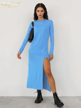Clacive Príležitostné Voľné Modré dámske Šaty 2022 Módne O-Krk Dlhý Rukáv Midi Šaty Elegantné Jednoduché Pletené Štrbinou Ženské Šaty
