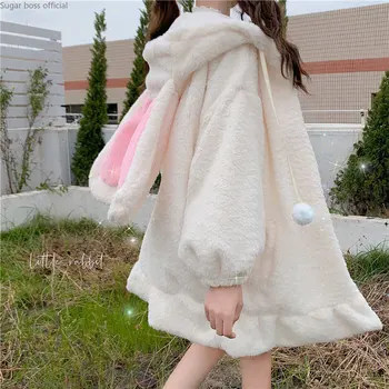 Japonský Cute Girl 's Kawaii Bundy Králičie Uši Velvet Pribrala Cashmere Sveter Žien Roztomilé Mäkké Dievča Kabát na Jeseň Zima 0