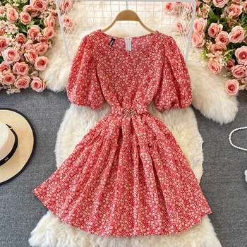 Letné Ženy Šaty kórejský Módne O-krku Lístkového Krátke Mini Šaty Elegantný Kvetinový Tlač Belted A-line Strany Sundress Vestidos