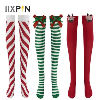 Vianočné Stehna-vysoké Ponožky Prúžok Vysoké Ponožky s Lukom Elf Jeleň Nad Kolená, Pančuchy Roztomilý Cosplay Party Ponožky pre Ženy a Dievčatá 0