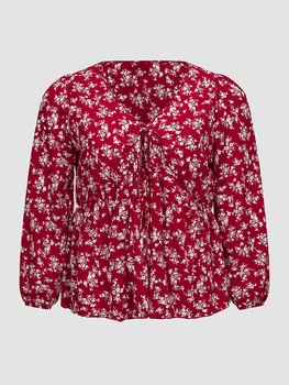 Finjani Plus Veľkosť Burgundská Červená Blúzky 2022 dekoráciami Ženy tričká V-neck Top Polyester